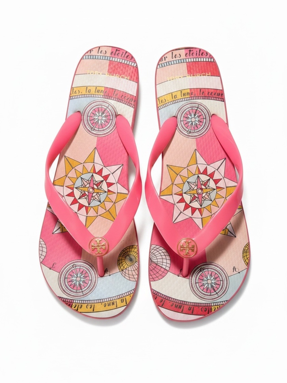 Tory Burch Valentina Flip Flops Pink Compass Print Logo Sandals